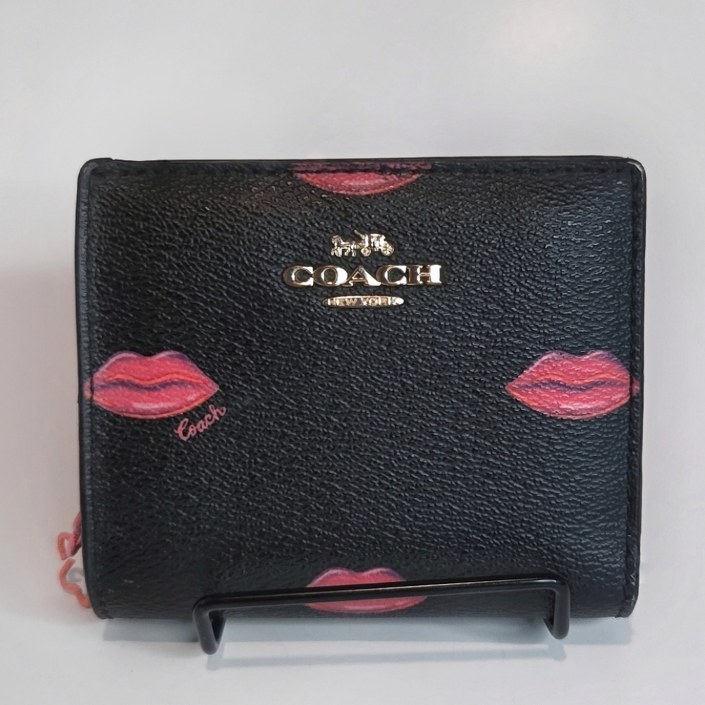 Coach Lips Print Black Canvas & Leather Snap Wallet C3324